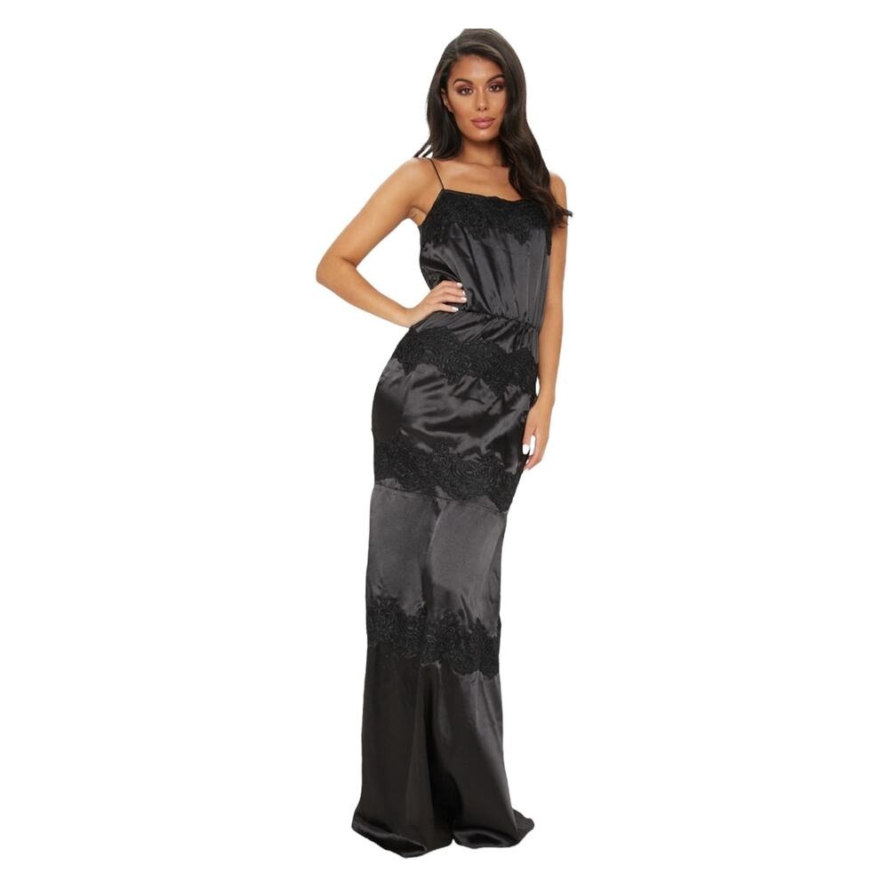 PrettyLittleThing Satin Lace Trim Tiered Maxi Dress Size 8 Formal Y2K Whimsygoth